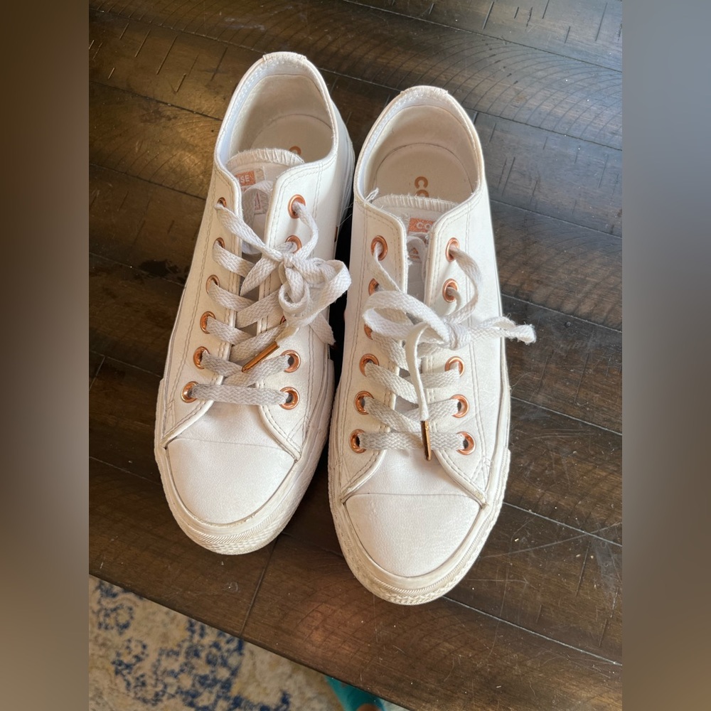 White and gold platform converse low top sneakers